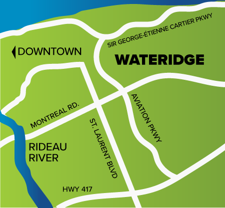 Wateridge village can be found just off of the Ottawa River, near major roads like Aviation Parkway, Sir George-Etienne Cartier Parkway, Montreal Road, and Highway 417.